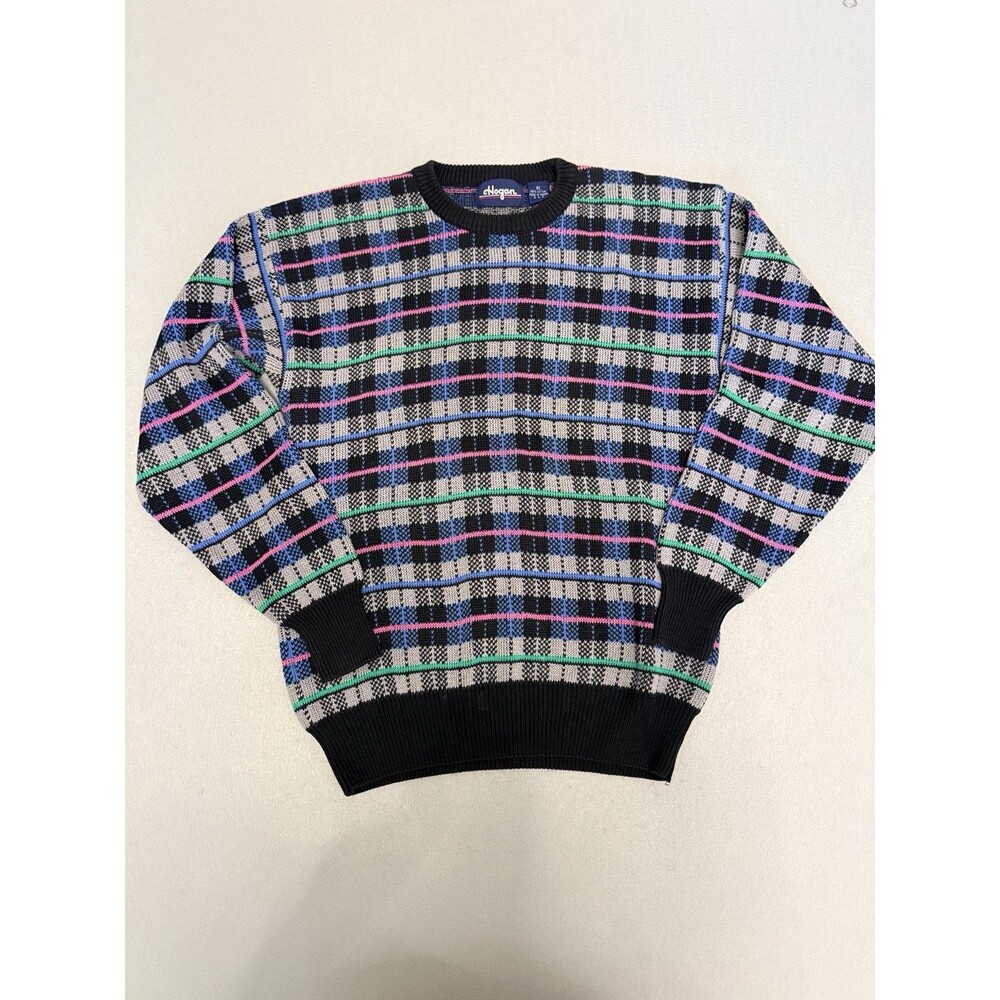 Vintage Hogan Sweater Women’s XL Multicolor Geometric Plaid Grid Knit 80s 90s